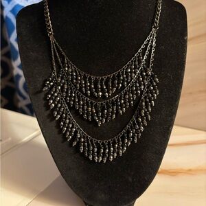 Talbots Gunmetal Tone Layered Fringe Beaded Necklace 18”-21”+2.5”